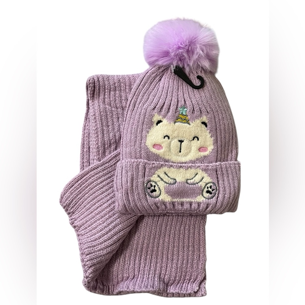 LILAC ADORABLE ANIMAL HAT AND SCARF SET FOR CHILDREN NWT